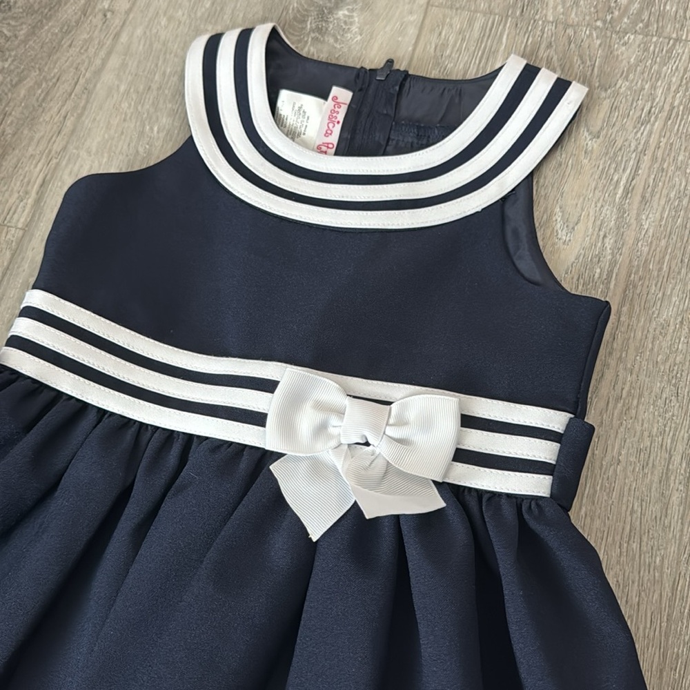 NWOT Jessica Ann Girls Navy & White Nautical Dress w/Zipper & Tie in Back Size 5 - Picture 2 of 7